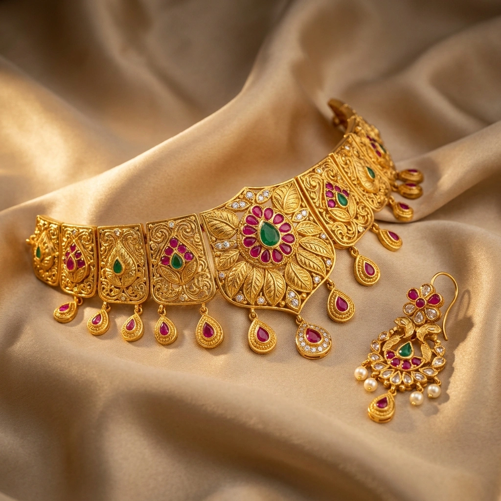 Royal 1-Gram Gold Plated Kemp Ruby & Emerald Traditional Maharashtrian Choker Set - 45° Hero Perspective Angle