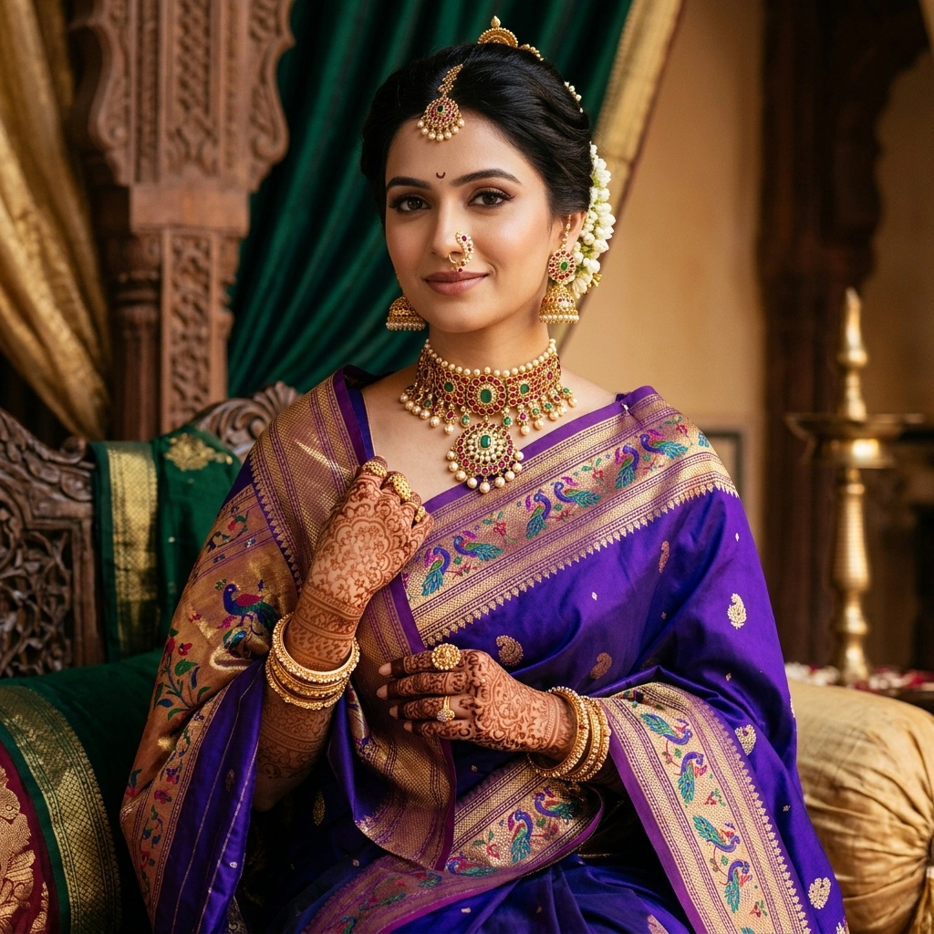 Royal 1-Gram Gold Plated Kemp Ruby & Emerald Traditional Maharashtrian Choker Set - On-Model Luxury Lifestyle Shot