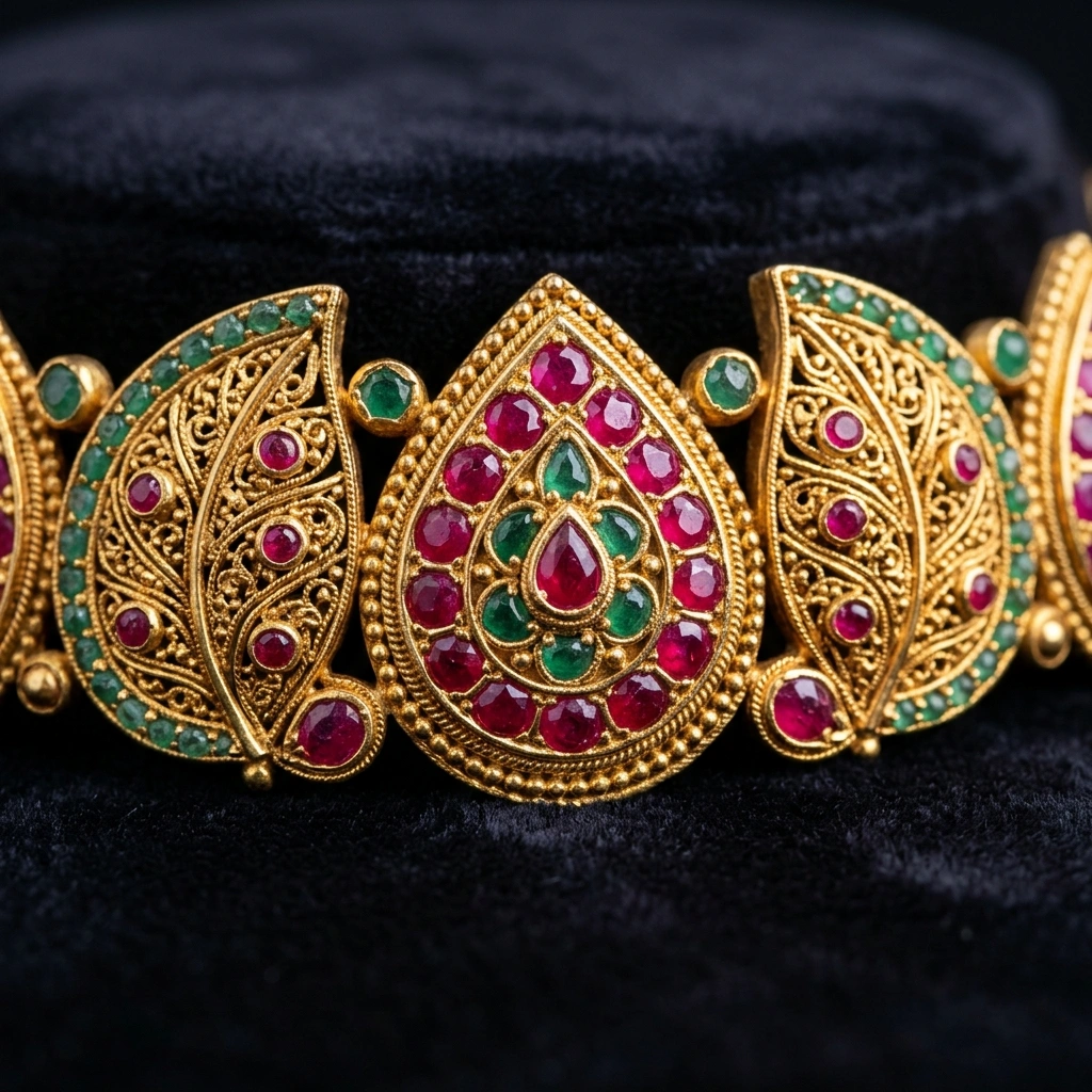 Royal 1-Gram Gold Plated Kemp Ruby & Emerald Traditional Maharashtrian Choker Set - Macro Detail Craftsmanship Focus
