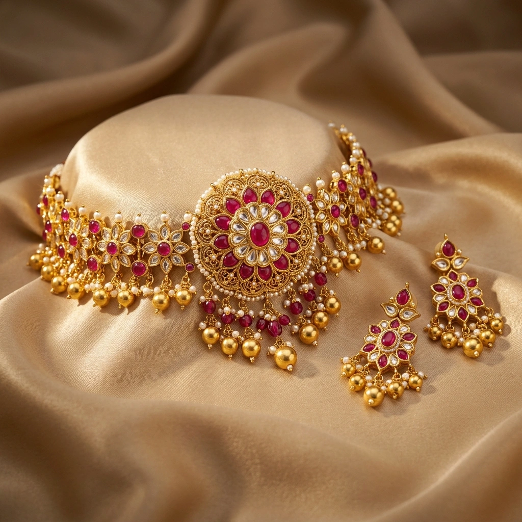 Royal 1-Gram Gold Plated Kemp Ruby & Kundan Floral Choker Set with Matching Earrings - 45° Hero Perspective Angle