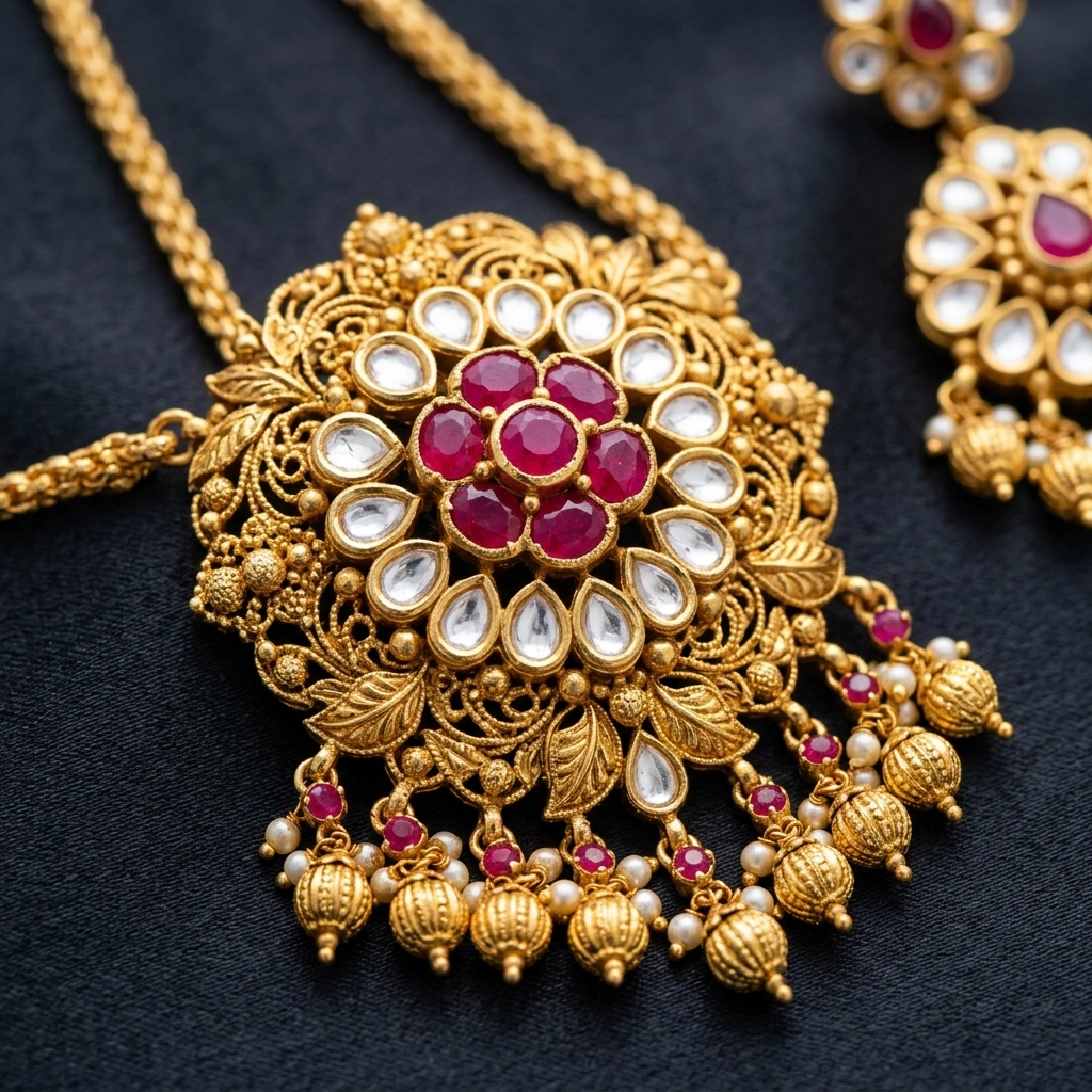 Royal 1-Gram Gold Plated Kemp Ruby & Kundan Floral Choker Set with Matching Earrings - Macro Detail Craftsmanship Focus