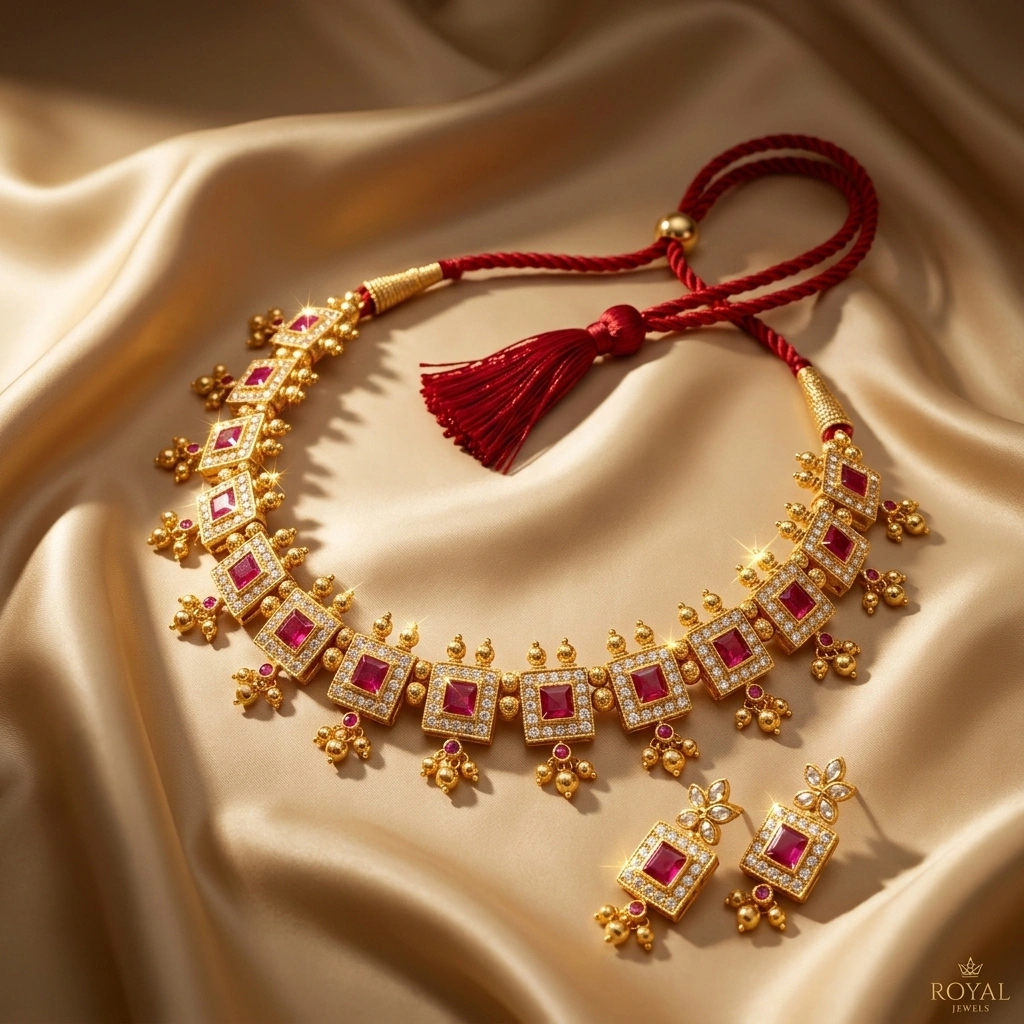 Royal 1-Gram Gold Plated Kemp Ruby & Kundan Square Panel Choker Set - 45° Hero Perspective Angle