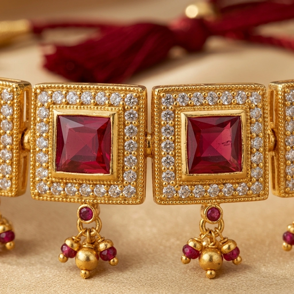Royal 1-Gram Gold Plated Kemp Ruby & Kundan Square Panel Choker Set - Macro Detail Craftsmanship Focus