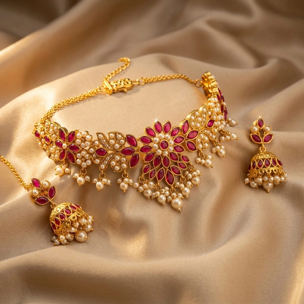 Royal 1-Gram Gold Plated Kemp Ruby & Pearl Cluster Traditional Choker Set - 45° Hero Perspective Angle