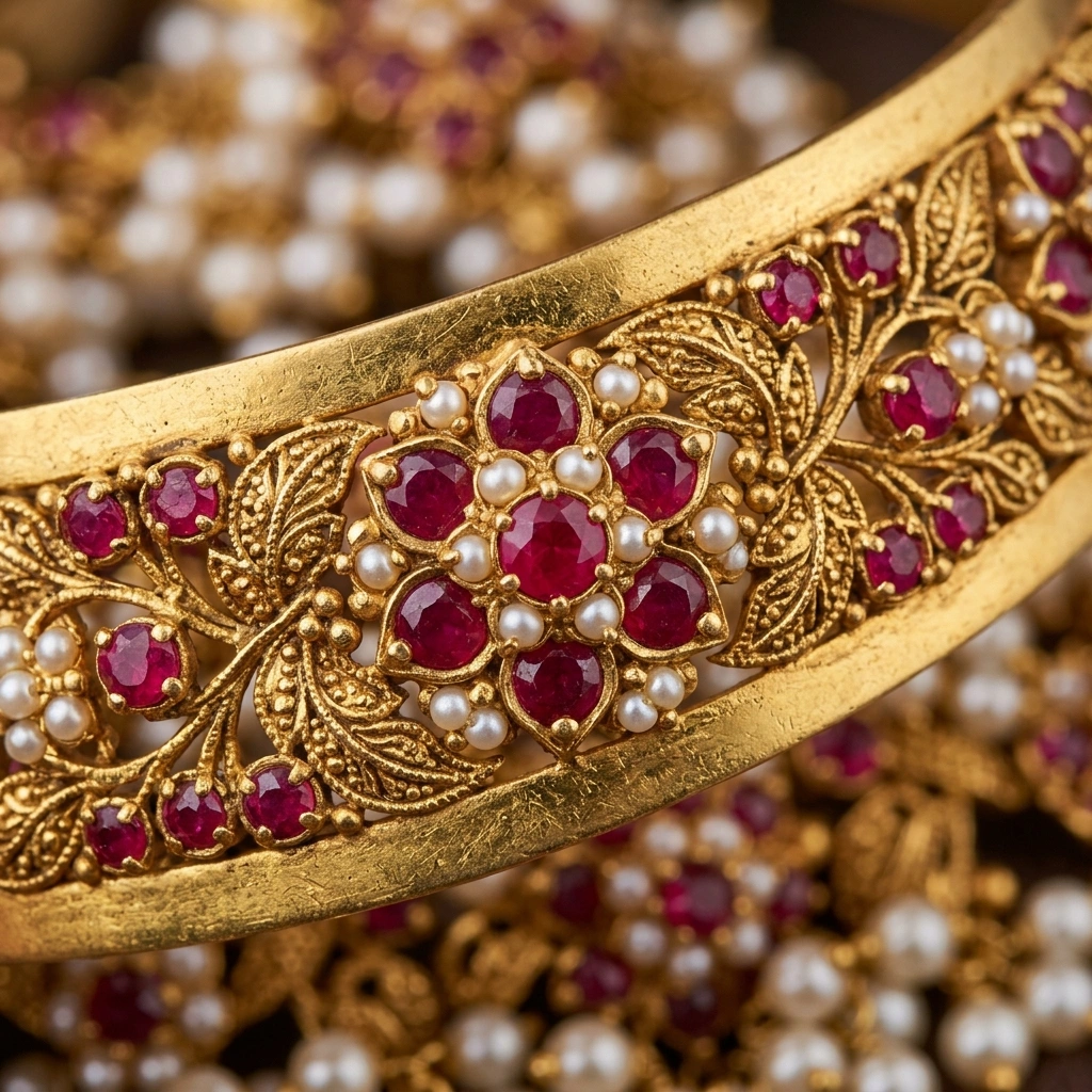 Royal 1-Gram Gold Plated Kemp Ruby & Pearl Cluster Traditional Choker Set - Macro Detail Craftsmanship Focus