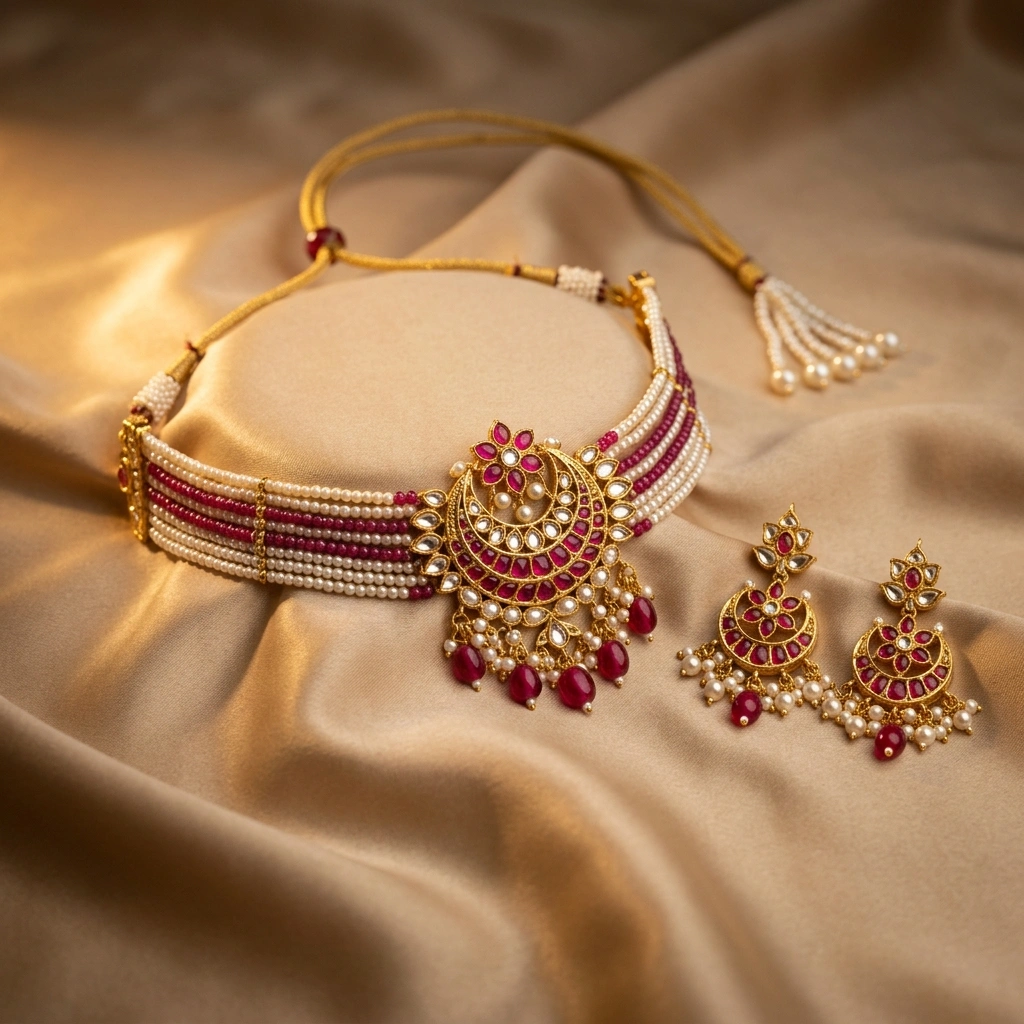 Royal 1-Gram Gold Plated Kemp Ruby & Pearl Strand Choker Set with Matching Earrings - 45° Hero Perspective Angle