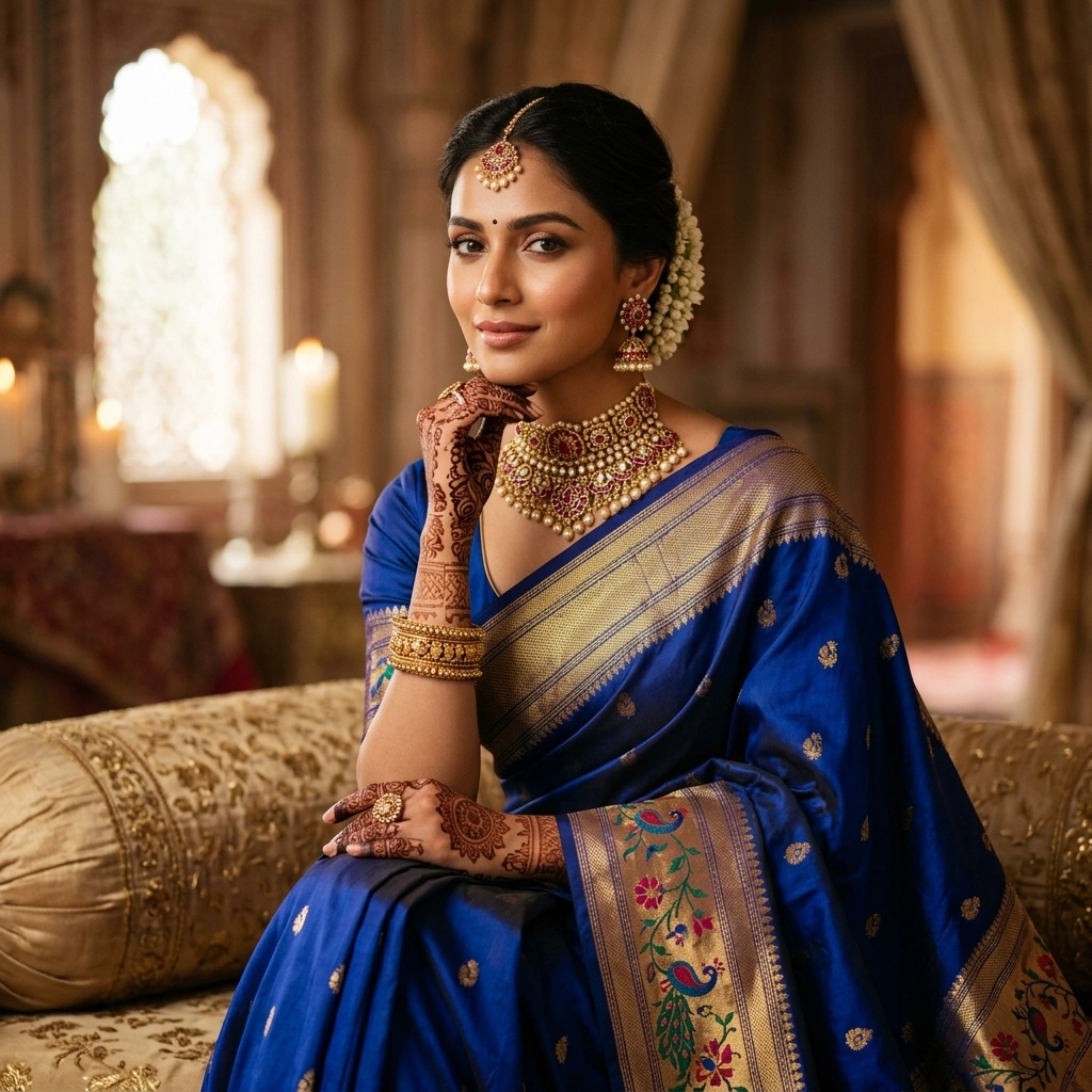 Royal 1-Gram Gold Plated Kemp Ruby & Pearl Strand Choker Set with Matching Earrings - On-Model Luxury Lifestyle Shot