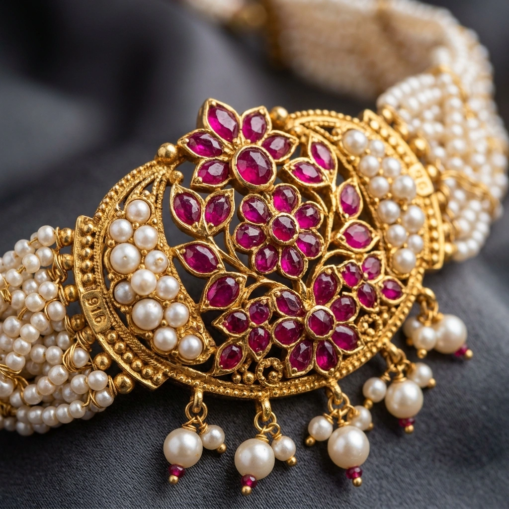 Royal 1-Gram Gold Plated Kemp Ruby & Pearl Strand Choker Set with Matching Earrings - Macro Detail Craftsmanship Focus