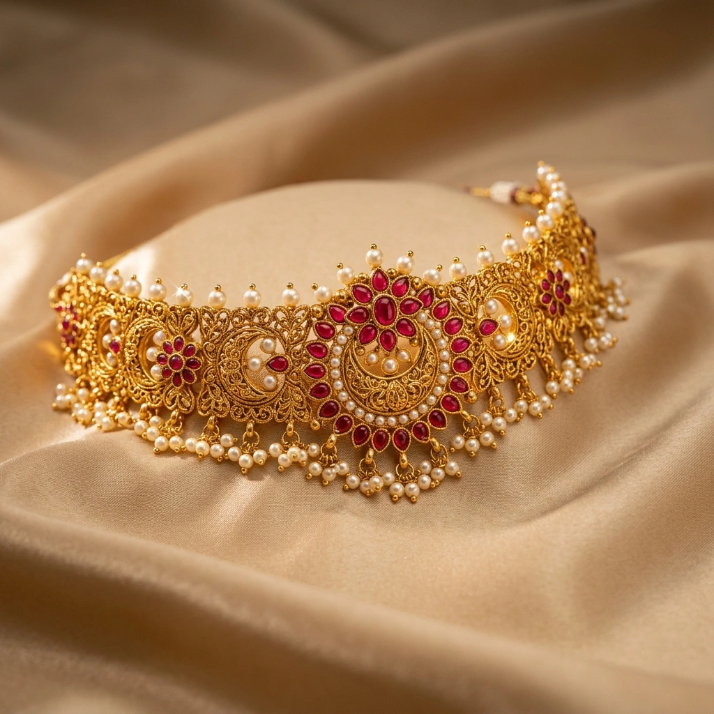 Royal 1-Gram Gold Plated Kemp Ruby Traditional Maharashtrian Choker - 45° Hero Perspective Angle