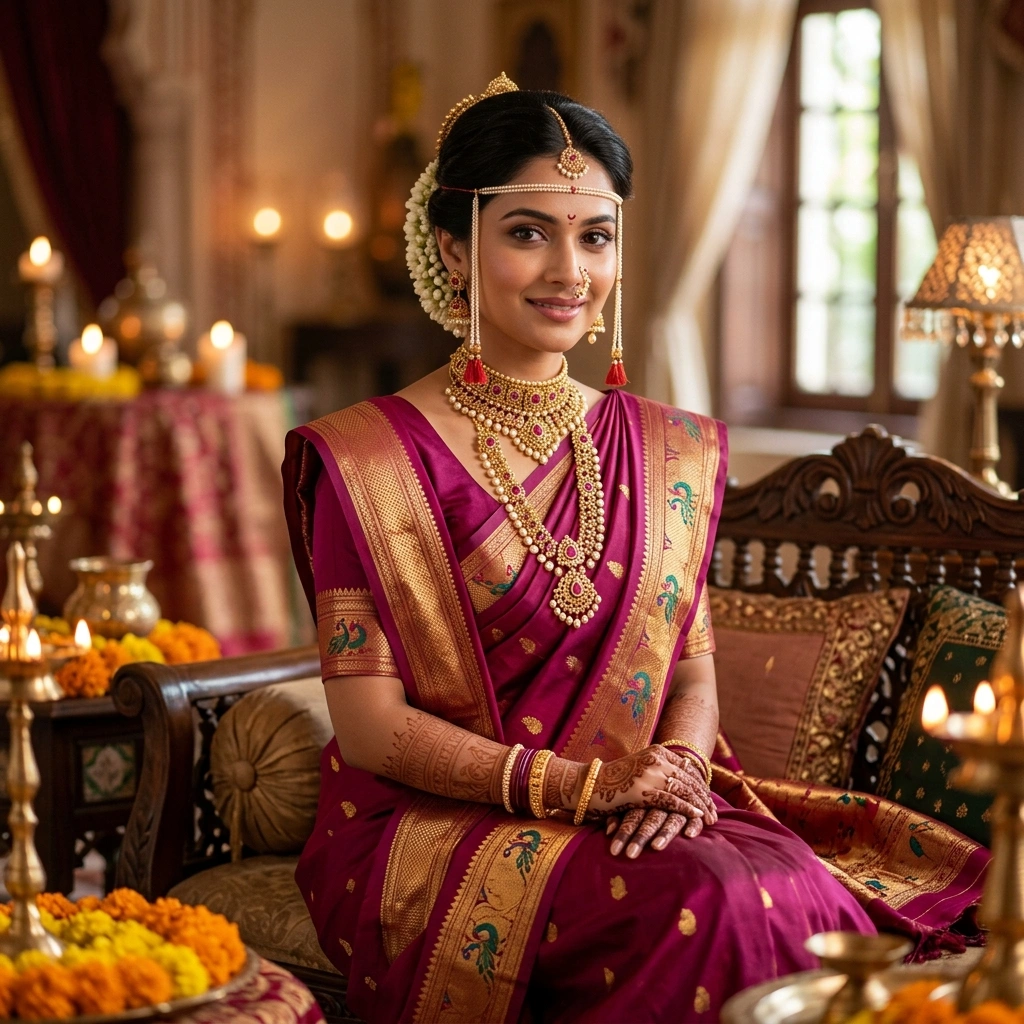 Royal 1-Gram Gold Plated Kemp Ruby Traditional Maharashtrian Choker - On-Model Luxury Lifestyle Shot