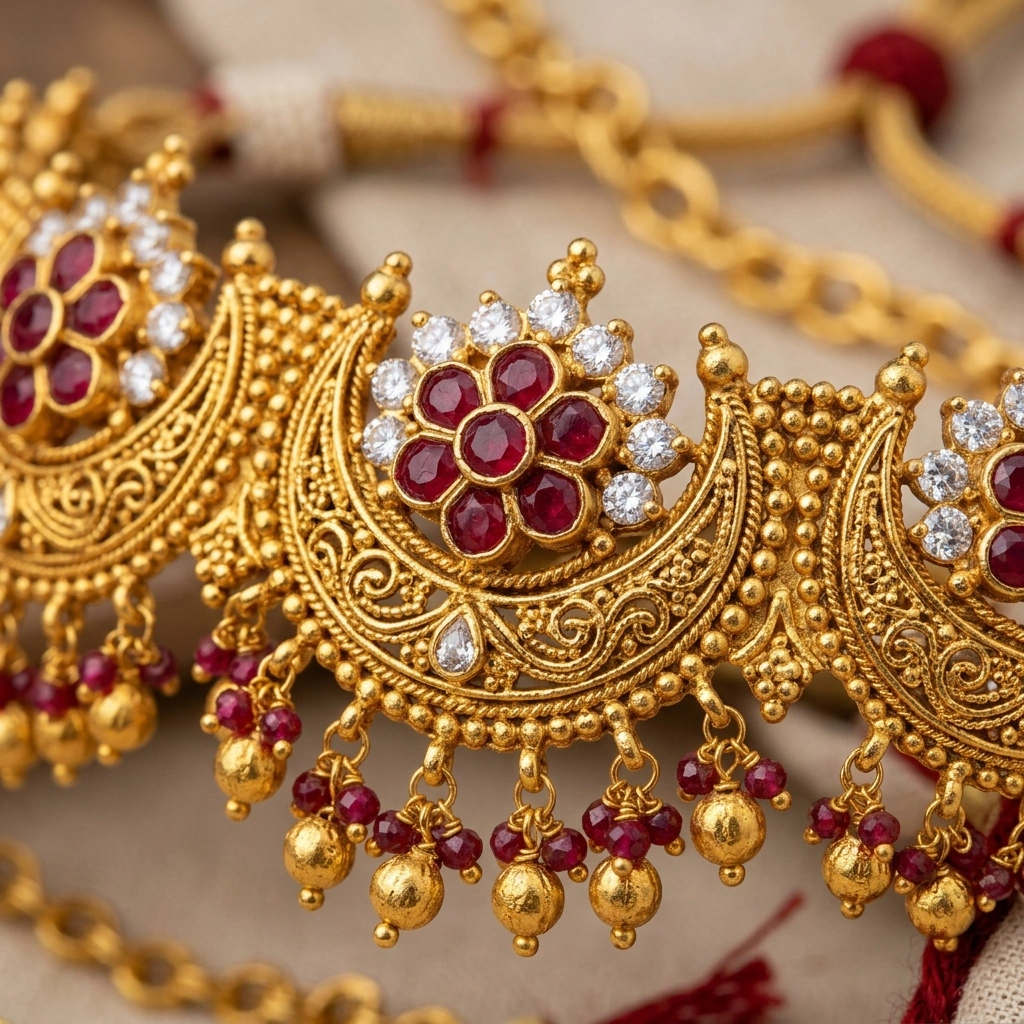 Royal 1-Gram Gold Plated Kemp Ruby Traditional Maharashtrian Choker - Macro Detail Craftsmanship Focus