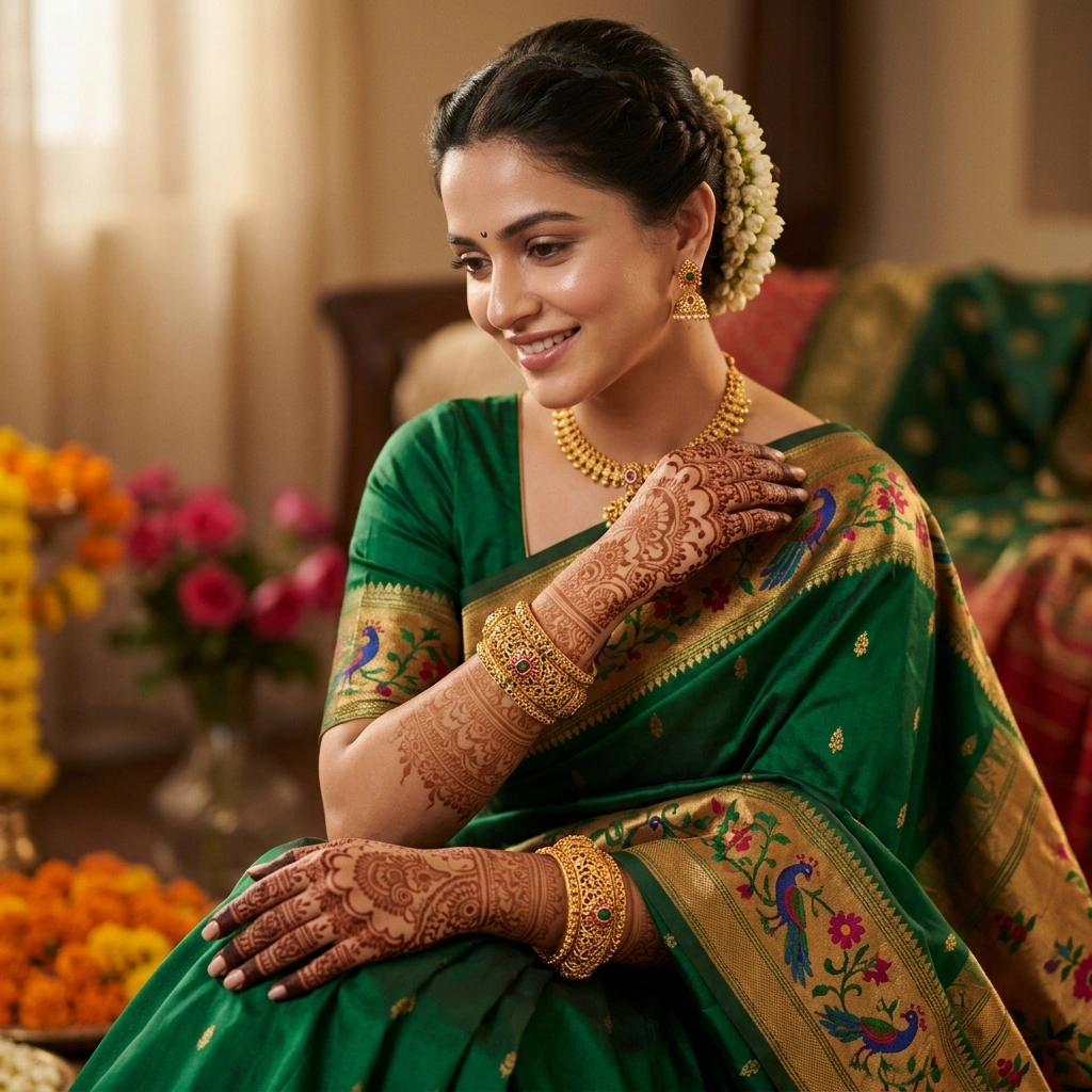 Royal 1-Gram Gold Plated Maharashtrian Traditional Tode Kada Bangles (Pair of 2) - On-Model Luxury Lifestyle Shot