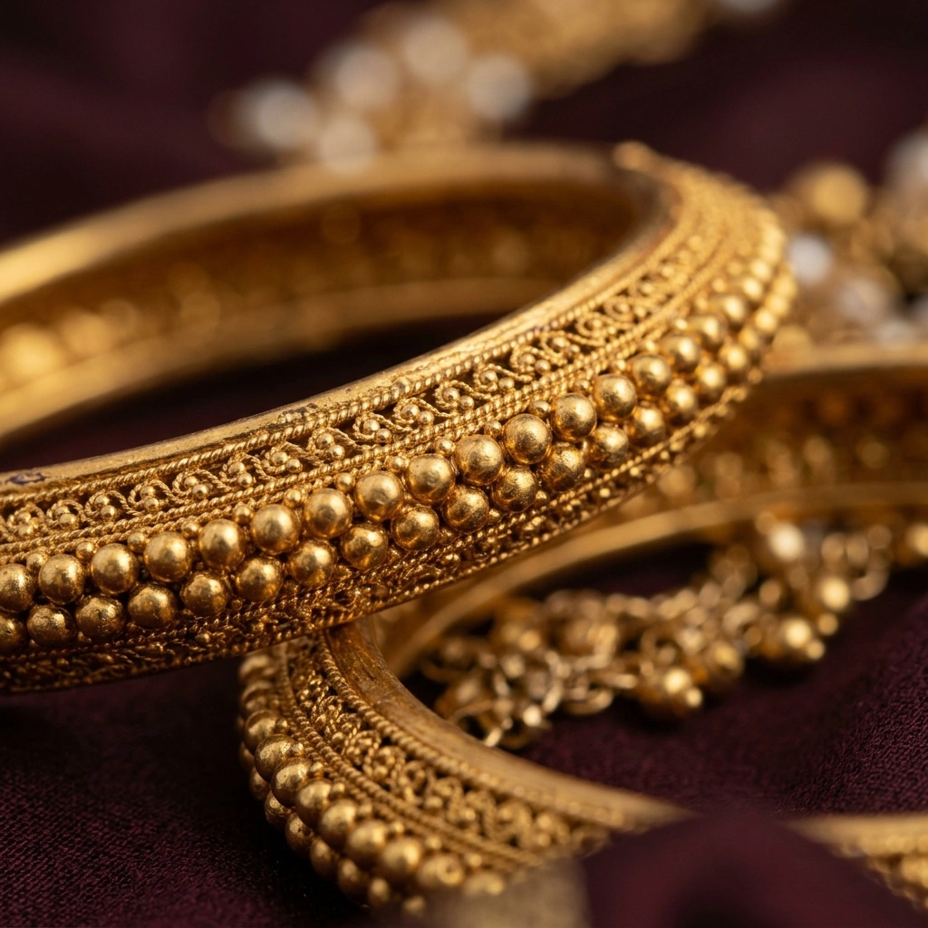 Royal 1-Gram Gold Plated Maharashtrian Traditional Tode Kada Bangles (Pair of 2) - Macro Detail Craftsmanship Focus
