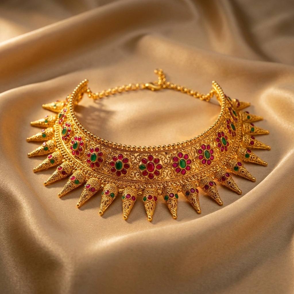 Royal 1-Gram Gold Plated Maharashtrian Wajratik Choker Necklace with Kemp Stones - 45° Hero Perspective Angle
