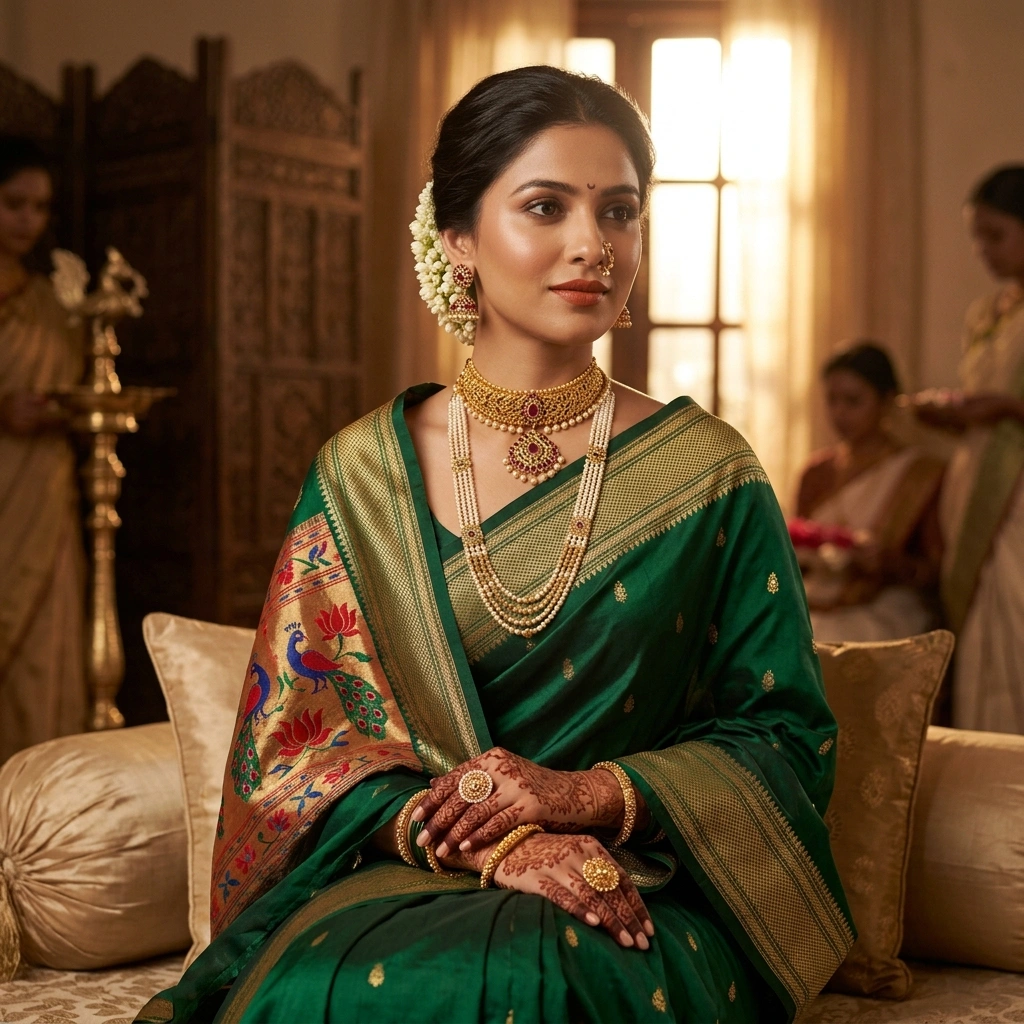 Royal 1-Gram Gold Plated Maharashtrian Wajratik Choker Necklace with Kemp Stones - On-Model Luxury Lifestyle Shot