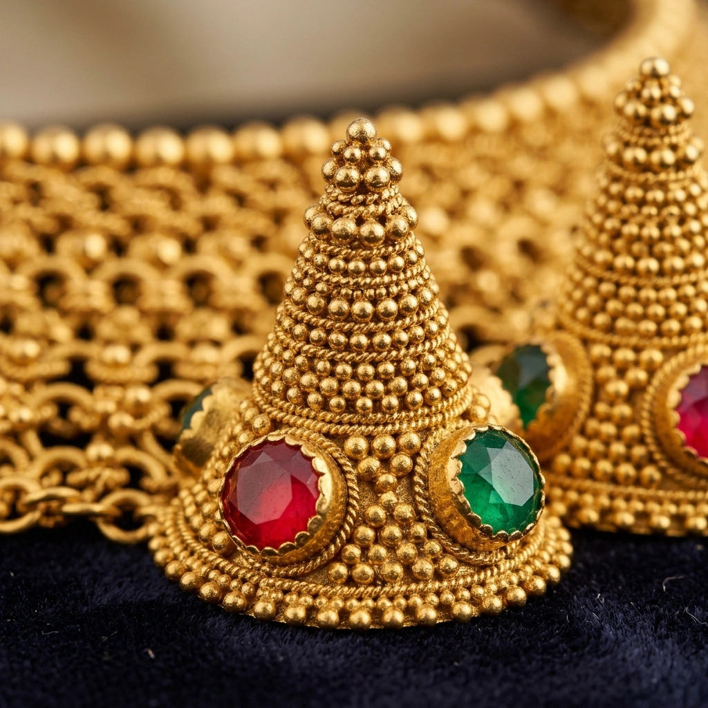 Royal 1-Gram Gold Plated Maharashtrian Wajratik Choker Necklace with Kemp Stones - Macro Detail Craftsmanship Focus