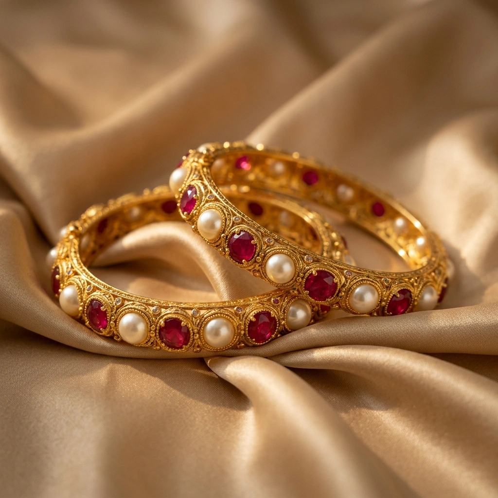 Royal 1-Gram Gold Plated Pearl & Kemp Ruby Studded Traditional Bangles - 45° Hero Perspective Angle