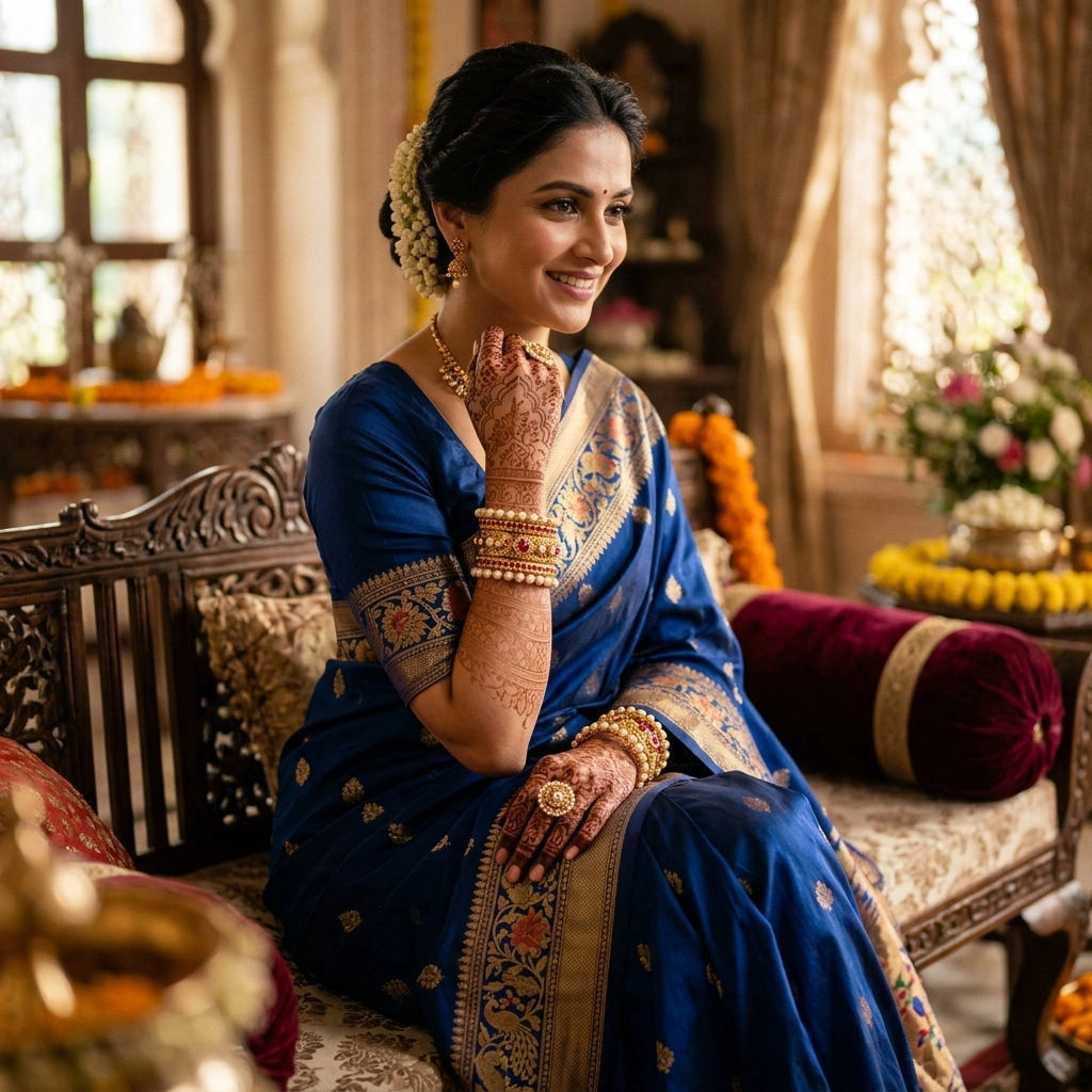 Royal 1-Gram Gold Plated Pearl & Kemp Ruby Studded Traditional Bangles - On-Model Luxury Lifestyle Shot