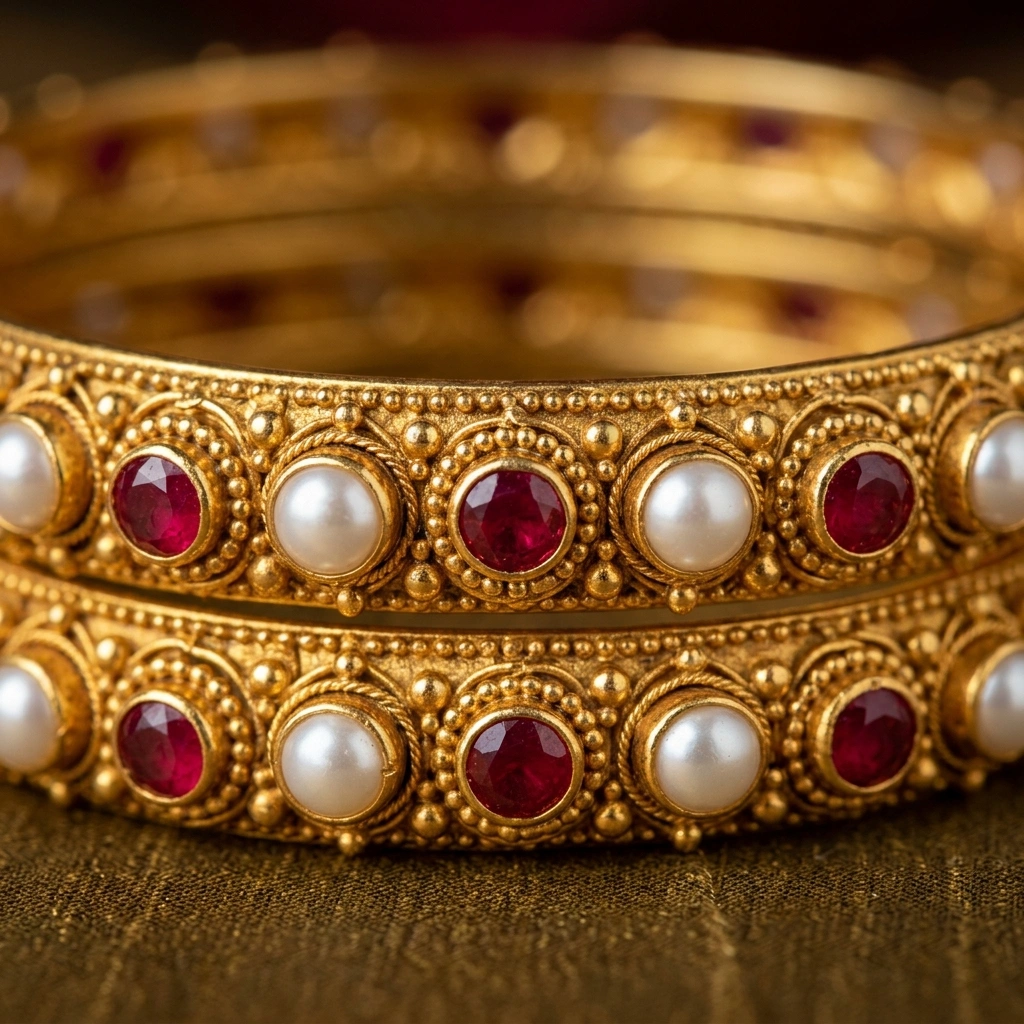 Royal 1-Gram Gold Plated Pearl & Kemp Ruby Studded Traditional Bangles - Macro Detail Craftsmanship Focus