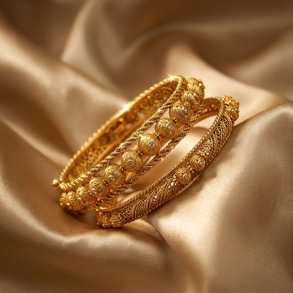 Royal 1-Gram Gold Plated Traditional Maharashtrian Gokhru & Rope Textured Bangle Set - 45° Hero Perspective Angle