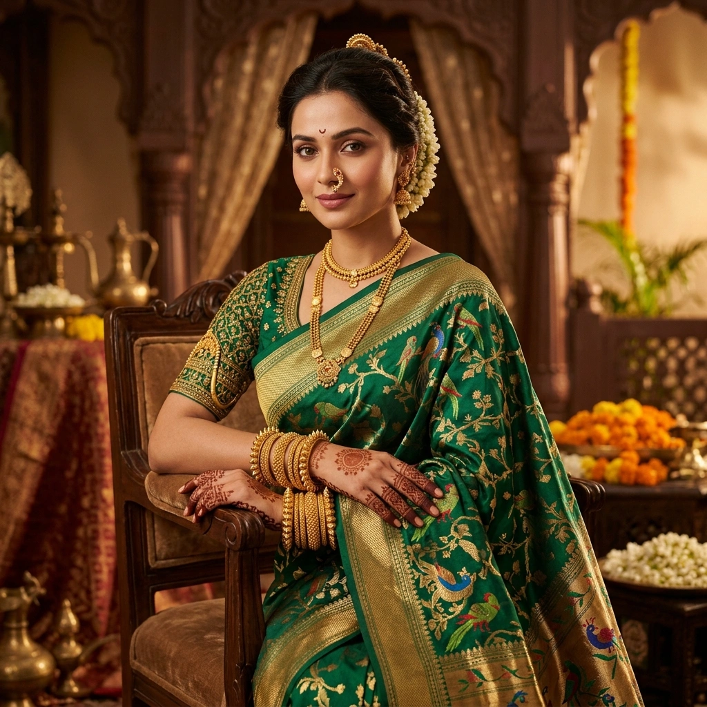 Royal 1-Gram Gold Plated Traditional Maharashtrian Gokhru & Rope Textured Bangle Set - On-Model Luxury Lifestyle Shot