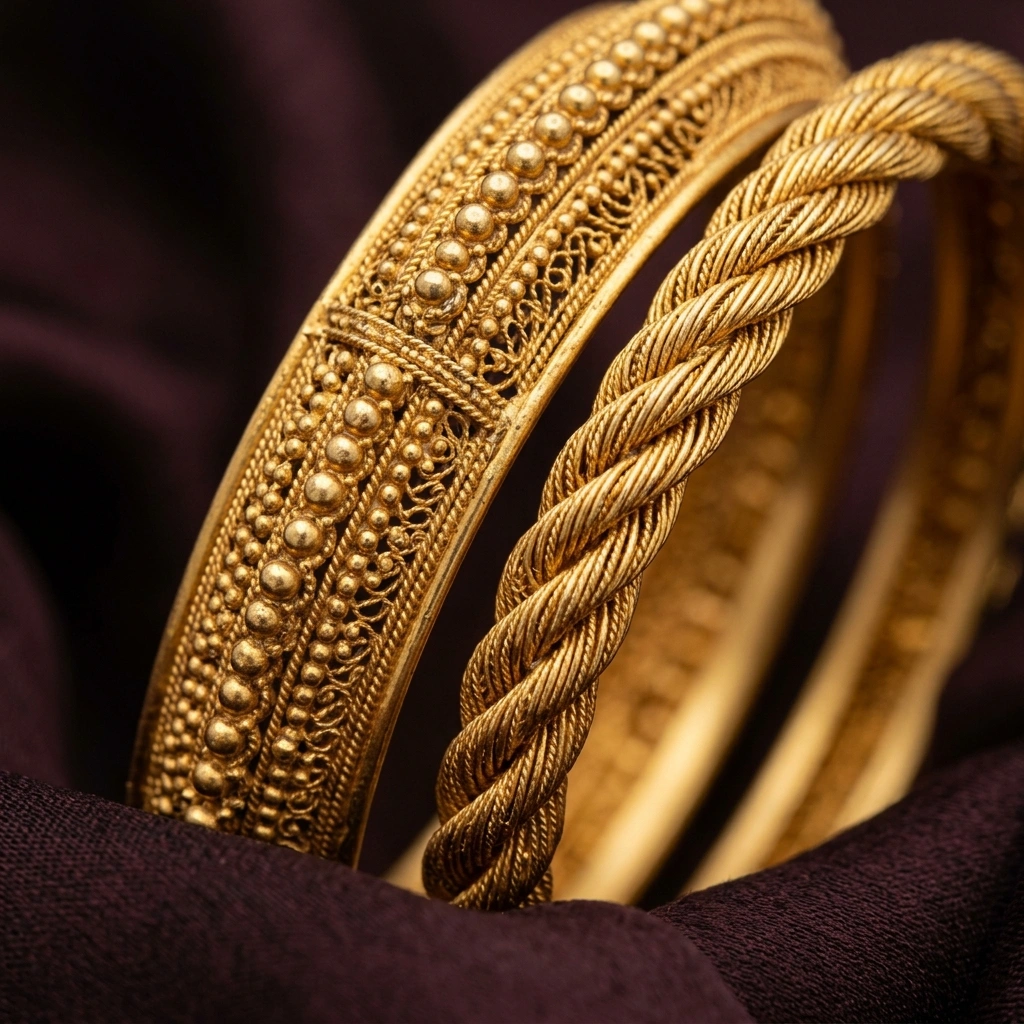 Royal 1-Gram Gold Plated Traditional Maharashtrian Gokhru & Rope Textured Bangle Set - Macro Detail Craftsmanship Focus