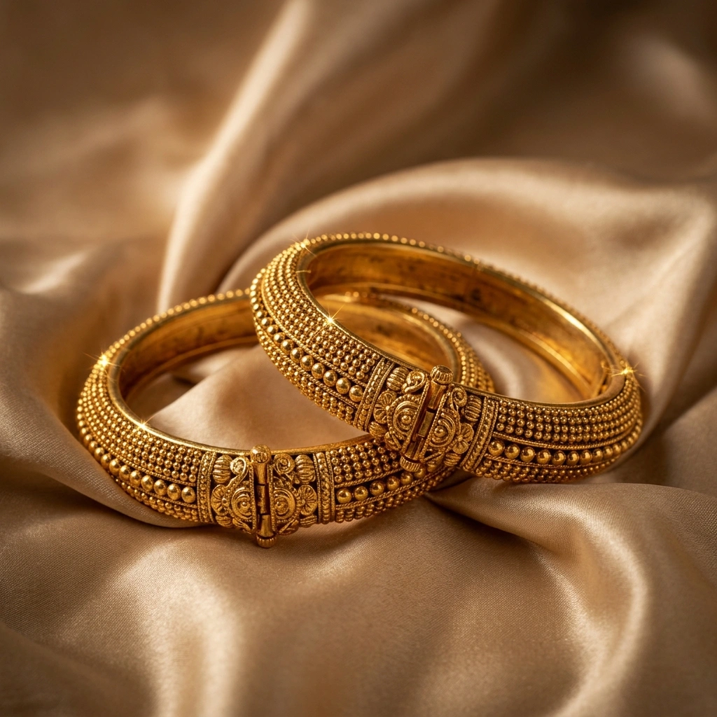 Royal 1-Gram Gold Plated Traditional Maharashtrian Rava Toda Kada Bangles (Pair of 2) - 45° Hero Perspective Angle