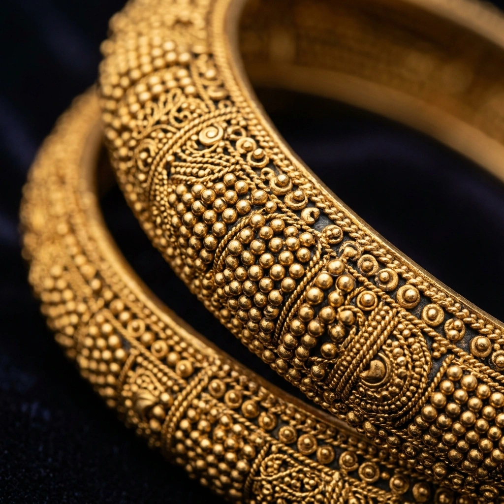 Royal 1-Gram Gold Plated Traditional Maharashtrian Rava Toda Kada Bangles (Pair of 2) - Macro Detail Craftsmanship Focus