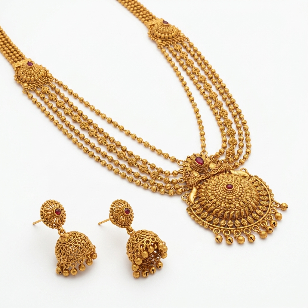 Imperial Heritage Temple Matte Gold Multi-Strand Rani Haar Set - 45° Hero Perspective Angle