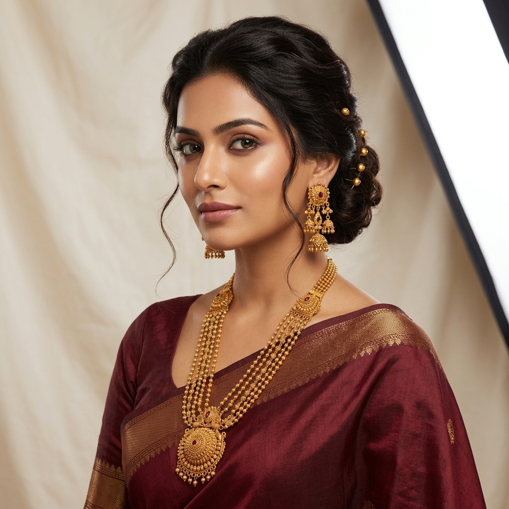 Imperial Heritage Temple Matte Gold Multi-Strand Rani Haar Set - On-Model Luxury Lifestyle Shot