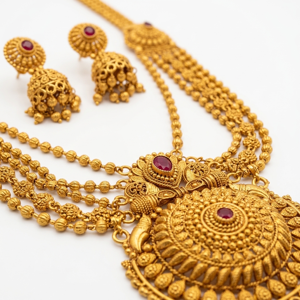Imperial Heritage Temple Matte Gold Multi-Strand Rani Haar Set - Macro Detail Craftsmanship Focus