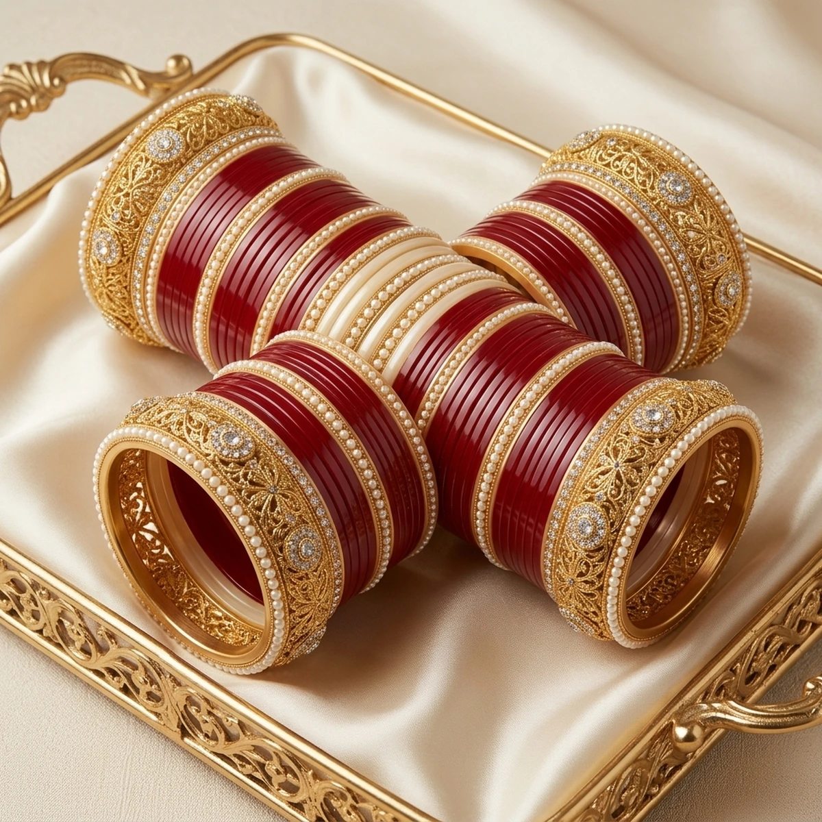 Royal Punjabi Bridal Crimson Red & Ivory Chooda Set (24 Pcs) - 45° Hero Perspective View