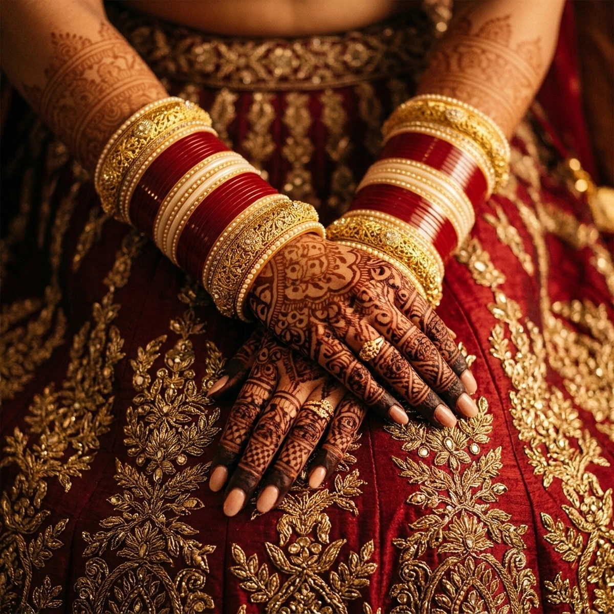Royal Punjabi Bridal Crimson Red & Ivory Chooda Set (24 Pcs) - On-Model Lifestyle View