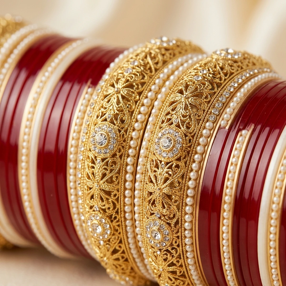 Royal Punjabi Bridal Crimson Red & Ivory Chooda Set (24 Pcs) - Macro Craftsmanship Detail View