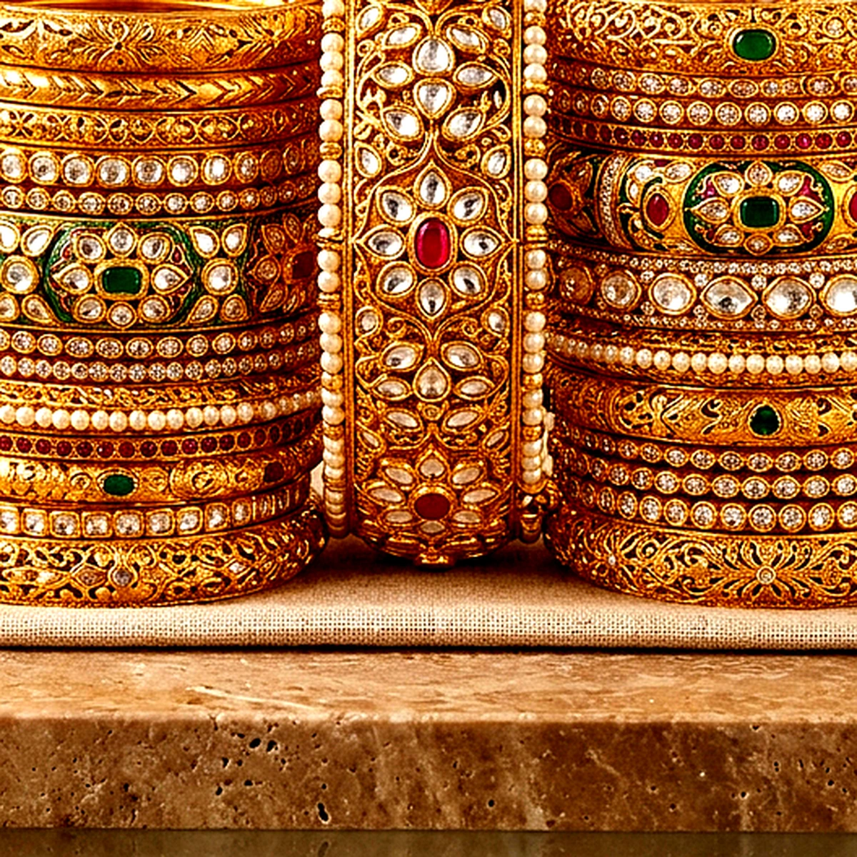 Authentic Shakha Pola 1-Gram Gold Plated Bridal Bangle Set (Set of 4) - Macro Craftsmanship Detail View