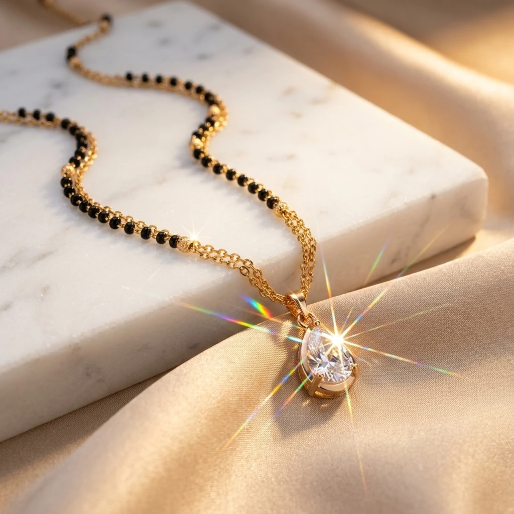 Rose Gold Solitaire Pear Drop AD Short Mangalsutra - 45° Hero Perspective Angle