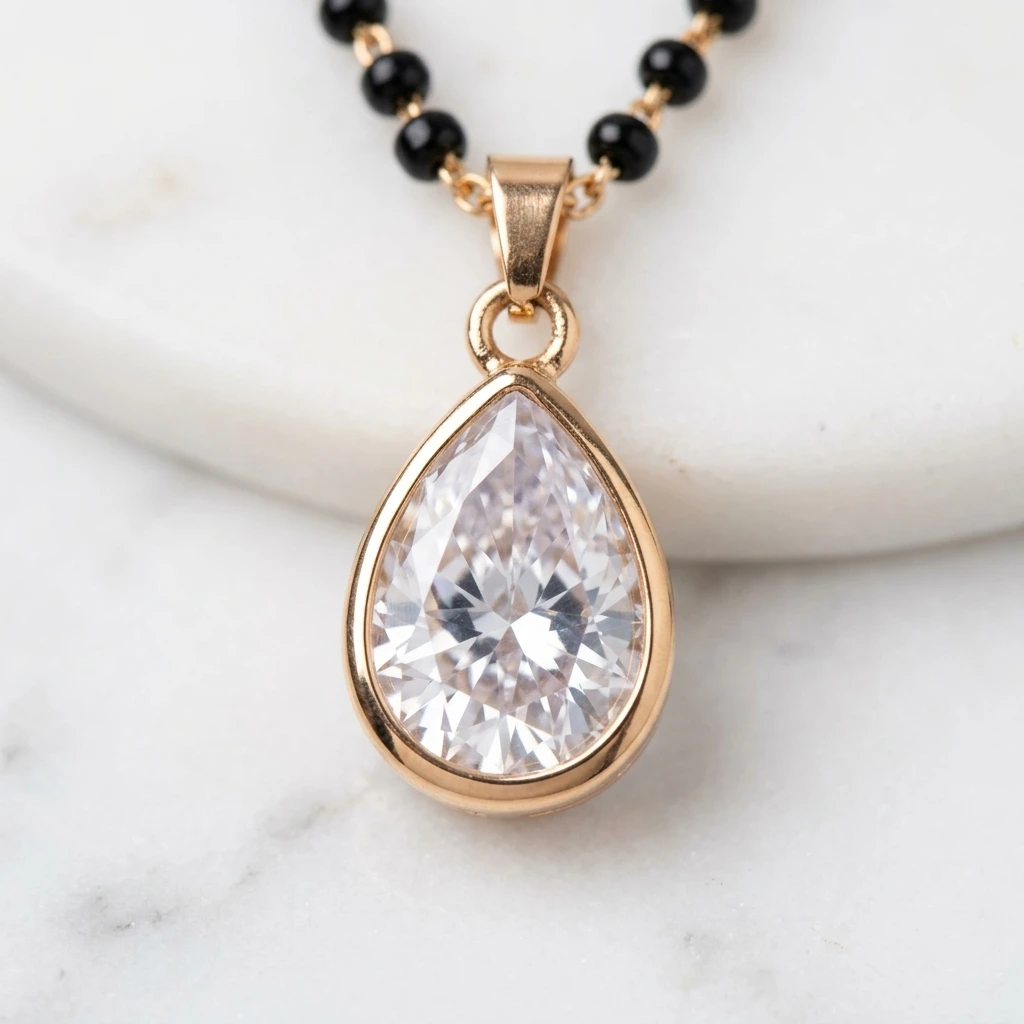 Rose Gold Solitaire Pear Drop AD Short Mangalsutra - Macro Detail Craftsmanship Focus
