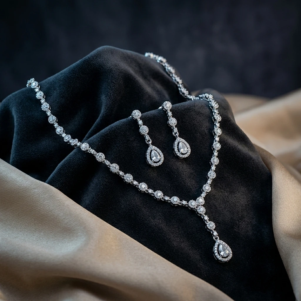 Solitaire CZ Y-Lariat Necklace Set in Rhodium Finish - 45° Hero Perspective Angle