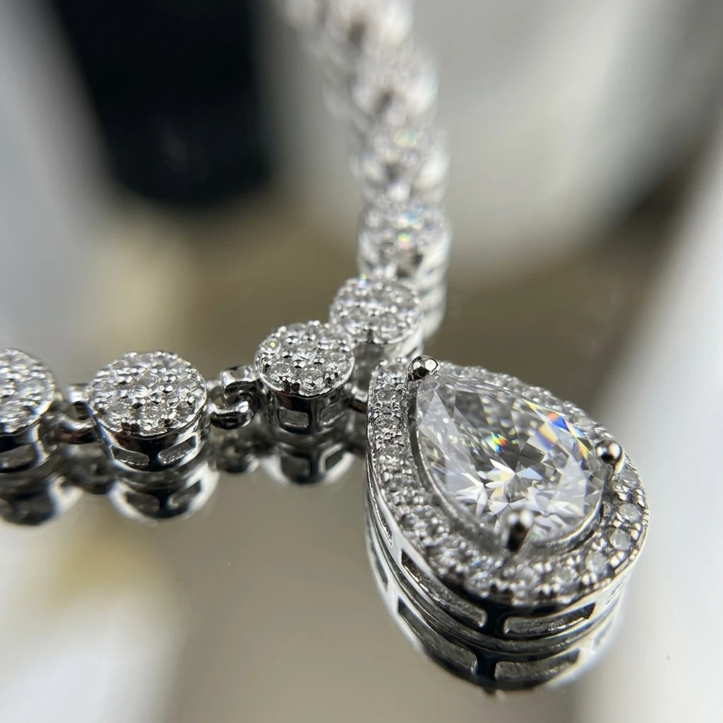 Solitaire CZ Y-Lariat Necklace Set in Rhodium Finish - Macro Detail Craftsmanship Focus