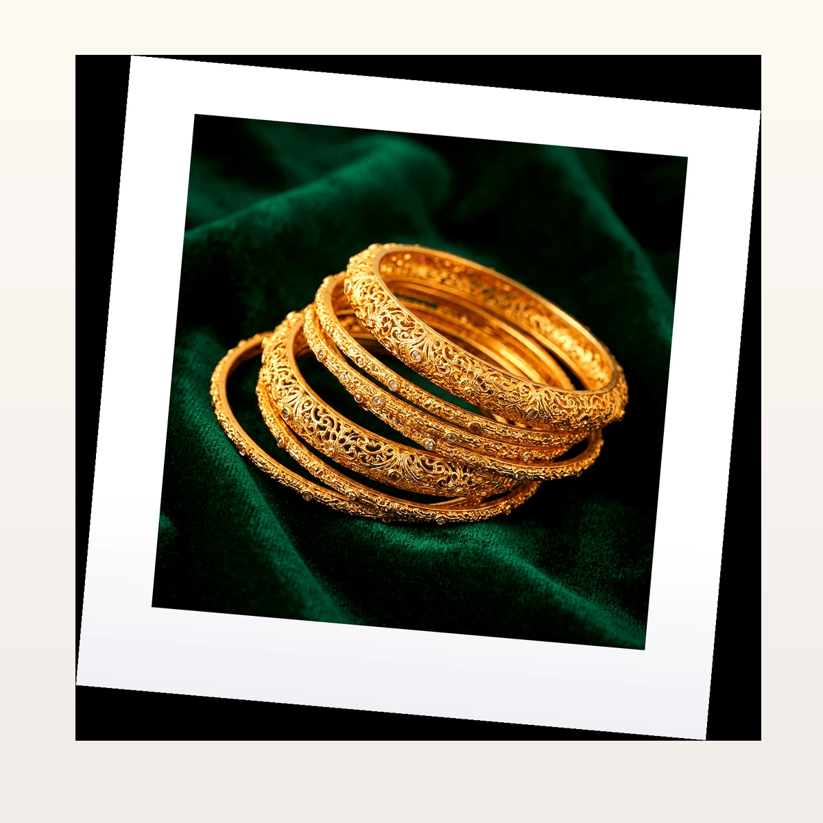 1-Gram Gold Sunburst Filigree Patla Bangles - 45° Angle View
