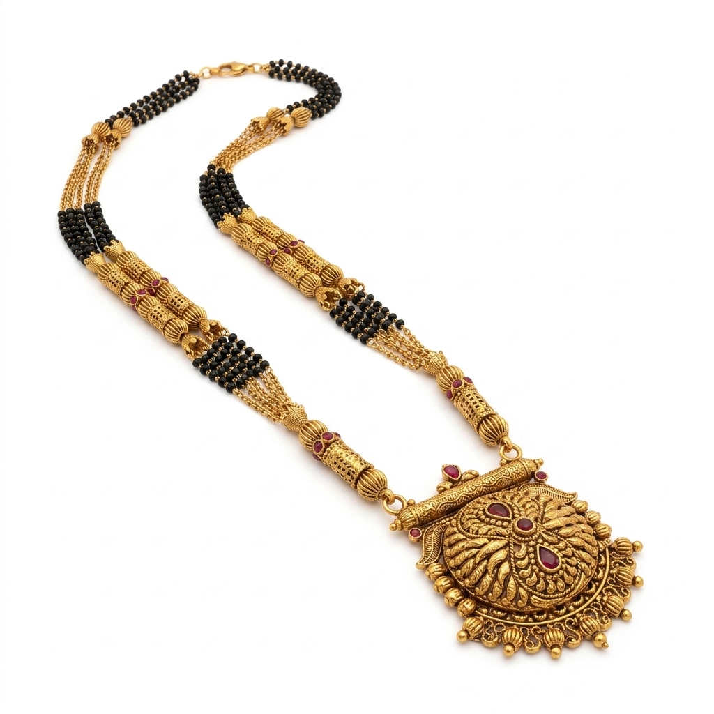 Antique Temple Floral Sunburst Medallion Long Mangalsutra - 45° Hero Perspective Angle