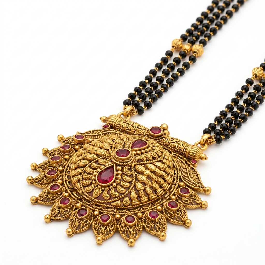 Antique Temple Floral Sunburst Medallion Long Mangalsutra - Macro Detail Craftsmanship Focus