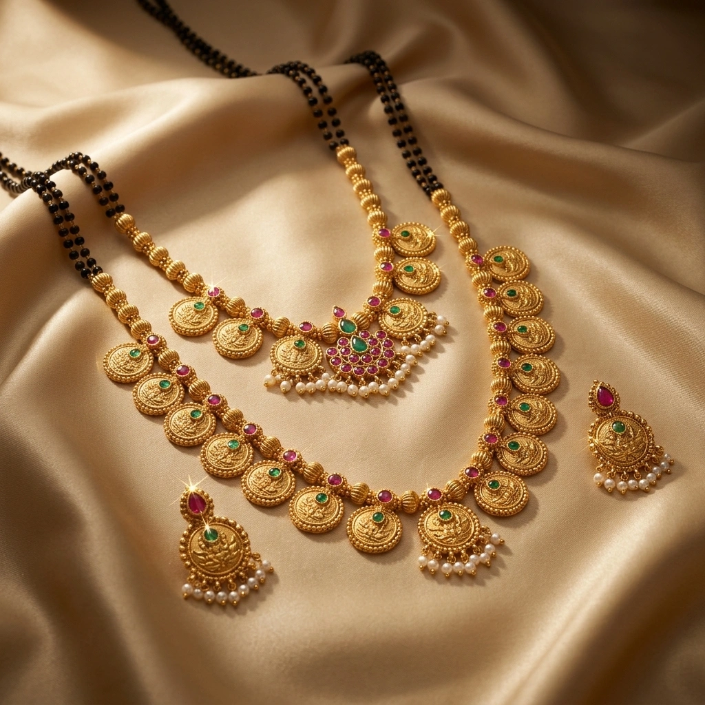Traditional 1-Gram Gold Black Bead Kasu Mangalsutra & Long Haar Bridal Combo Set - 45° Hero Perspective Angle