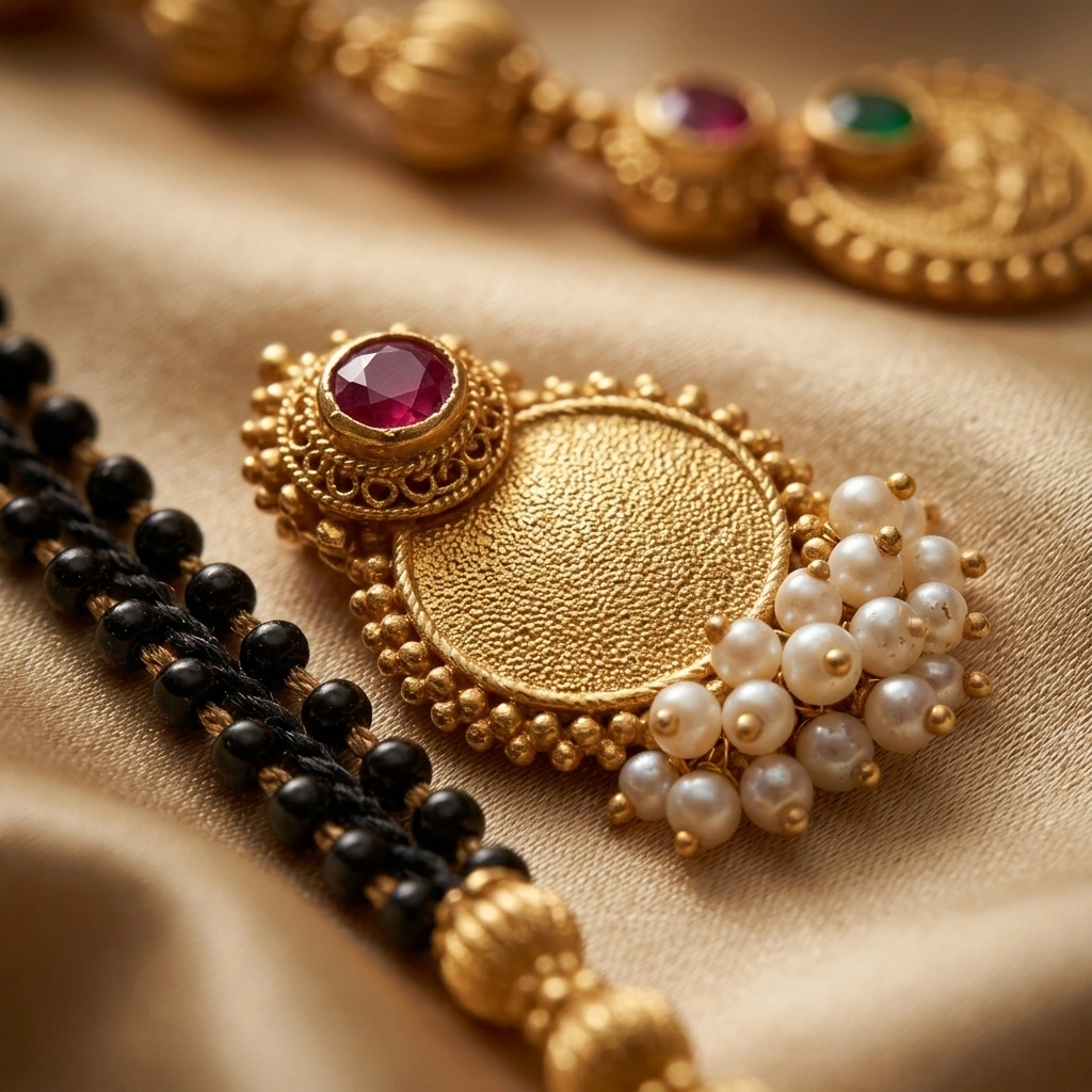 Traditional 1-Gram Gold Black Bead Kasu Mangalsutra & Long Haar Bridal Combo Set - Macro Detail Craftsmanship Focus