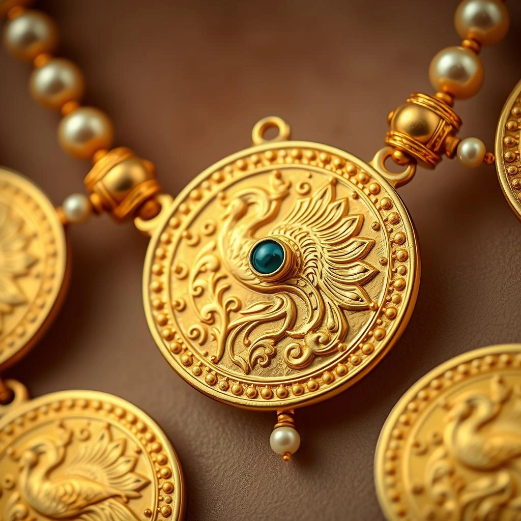 Traditional 1-Gram Gold Kasu Coin Necklace with Mayur Peacock Medallions - Macro Detail Craftsmanship Focus