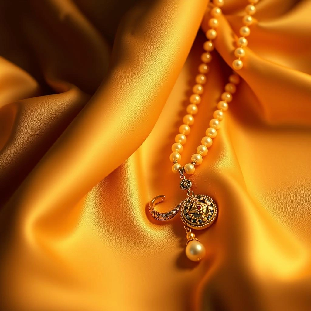Traditional 1-Gram Gold Kolhapuri Saaj Pearl Mala with Mayur Chand Locket - 45° Hero Perspective Angle