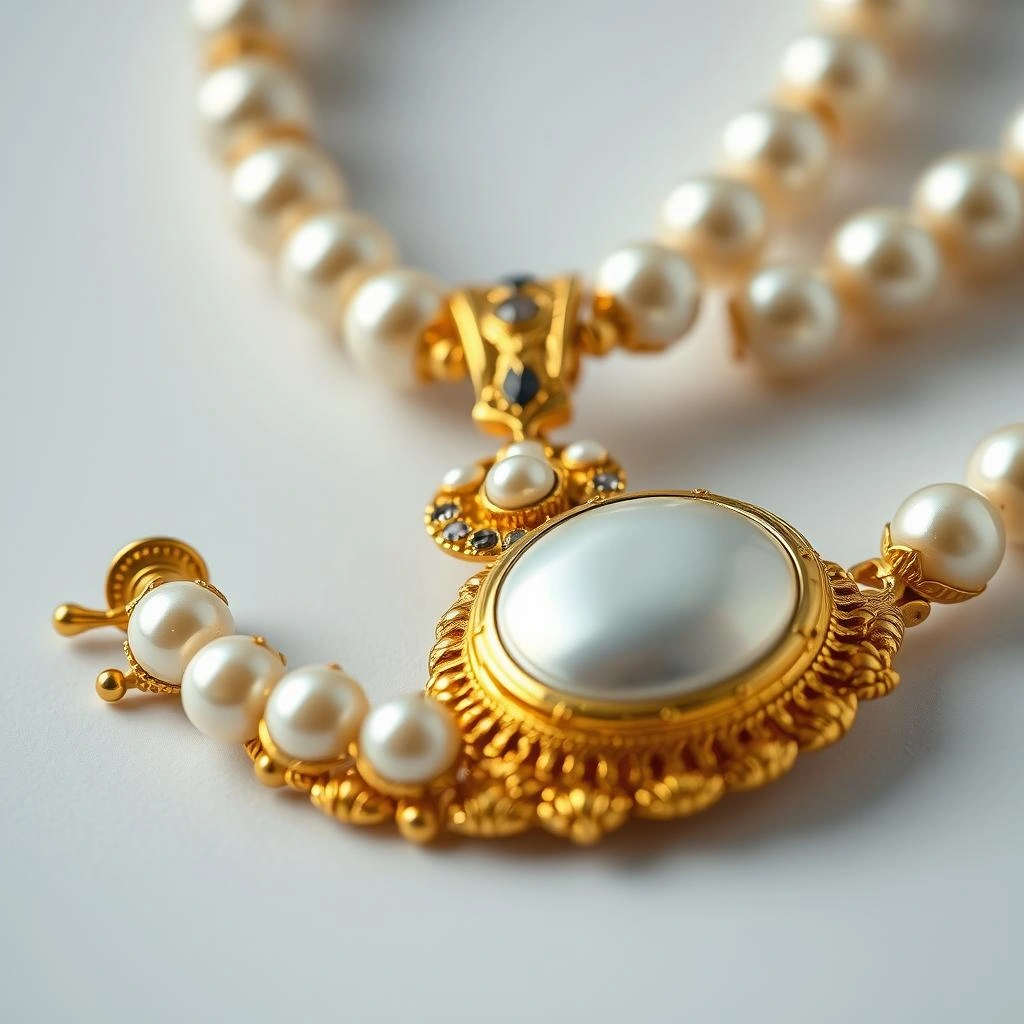 Traditional 1-Gram Gold Kolhapuri Saaj Pearl Mala with Mayur Chand Locket - Macro Detail Craftsmanship Focus