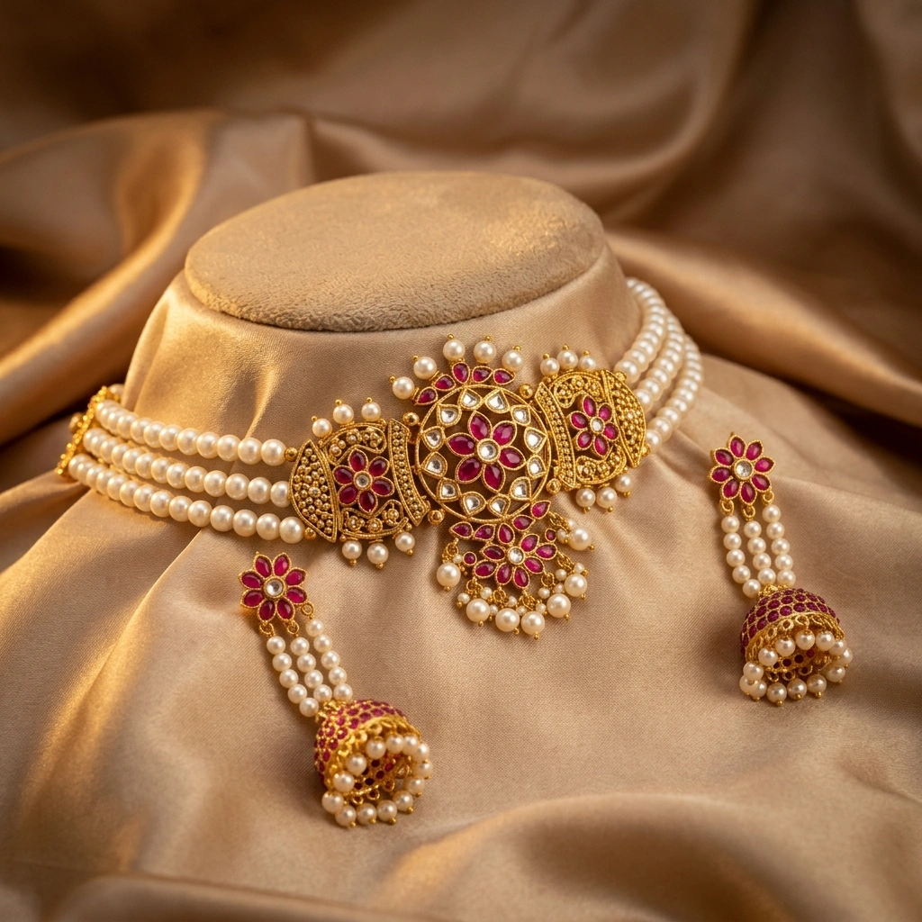 Traditional 1-Gram Gold Plated Three-Strand Pearl Chinchpeti Choker Set with Ruby Floral Motifs - 45° Hero Perspective Angle