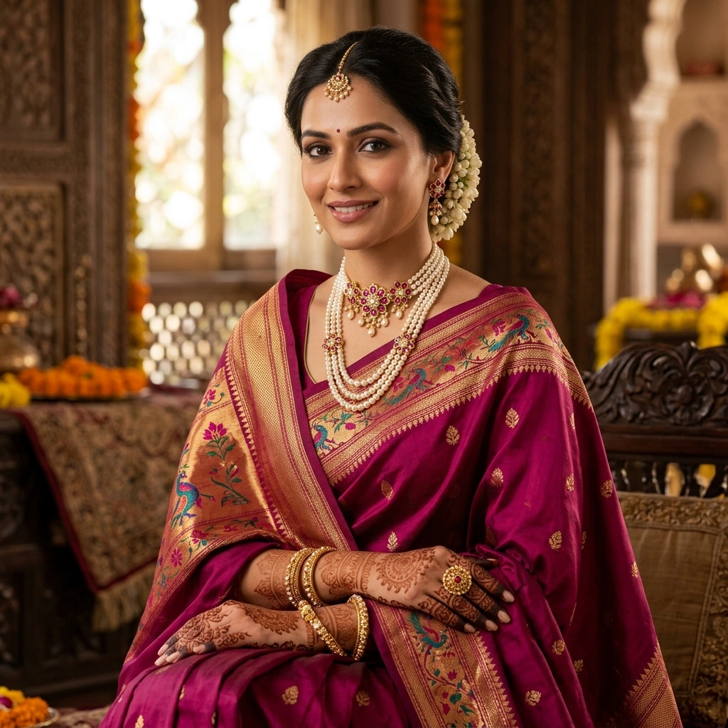 Traditional 1-Gram Gold Plated Three-Strand Pearl Chinchpeti Choker Set with Ruby Floral Motifs - On-Model Luxury Lifestyle Shot