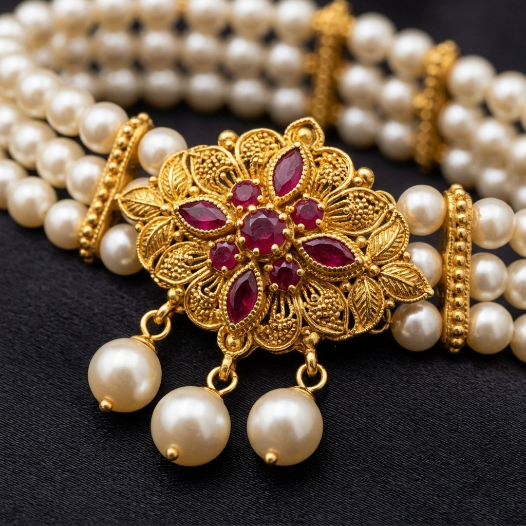 Traditional 1-Gram Gold Plated Three-Strand Pearl Chinchpeti Choker Set with Ruby Floral Motifs - Macro Detail Craftsmanship Focus